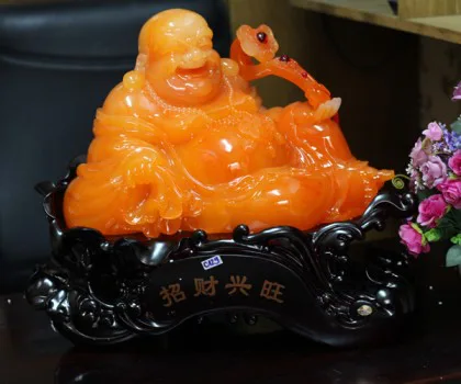 Phật di lạc ngọc vàng cam ngồi khủng có như ý - Chiêu tài hưng vượng C129A