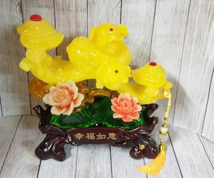 Song tiên heo vàng ngọc trên như ý vàng mẫu đơn đỏ - Hạnh Phúc Như Ý LN013