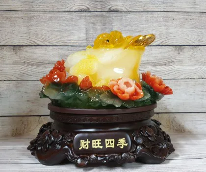 Thiềm thừ vàng ngọc lưu ly trên bụi mẫu đơn đỏ đế gỗ xoay - Tài Vượng Tứ Quý LN091