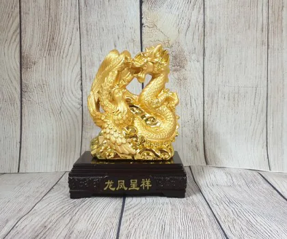 Thần rồng tiên phụng vàng bóng lượn mây vàng đế gỗ - Long Phụng Trình Tường LN158