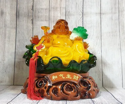 Đế tượng Phật di lạc cam vàng ngọc lưu ly tay cầm như ý bắp cải trên đế lá sen xanh ngọc khủng - Hoà Khí Sanh Tài LN186-1