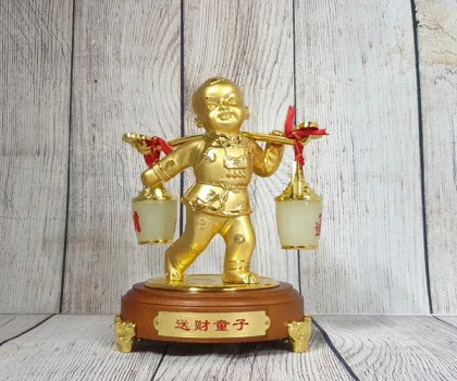 Tiên đồng nam tử hợp kim vàng bóng gánh gậy như ý 2 thùng kim bảo bạch ngọc - Tống Tài Đồng Tử LN219